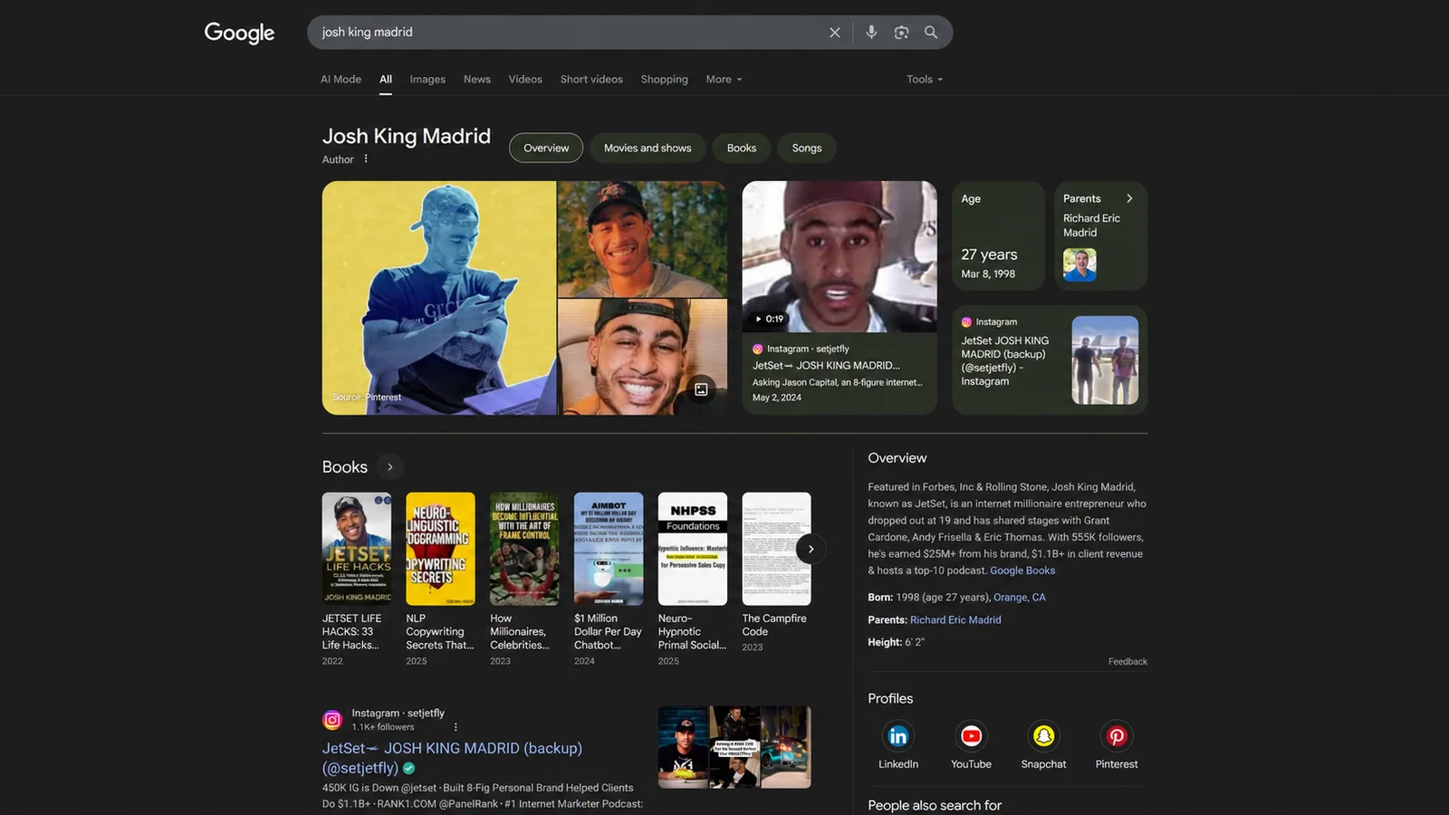Google Knowledge Panel with books, profiles, and overview