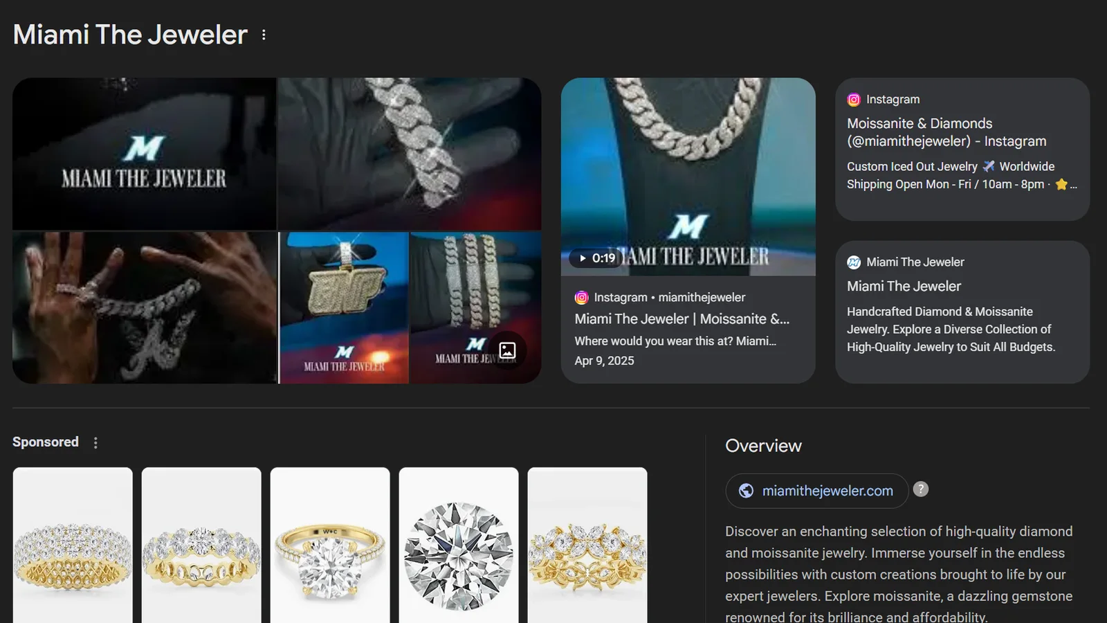 Google Knowledge Panel for a jewelry brand