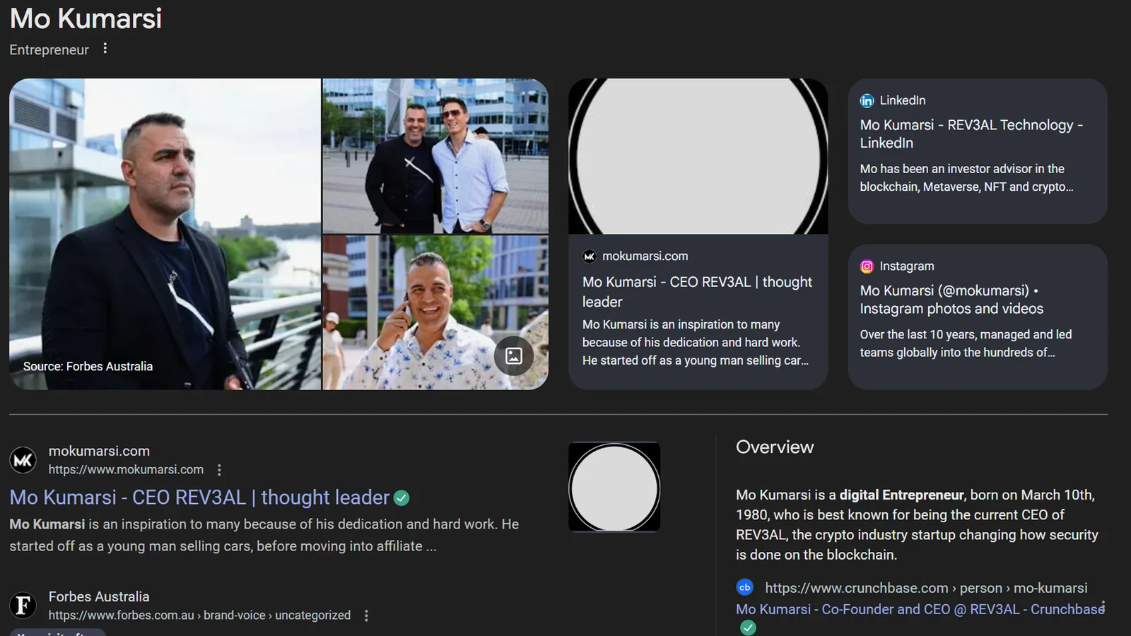 Google Knowledge Panel for a CEO with Forbes coverage