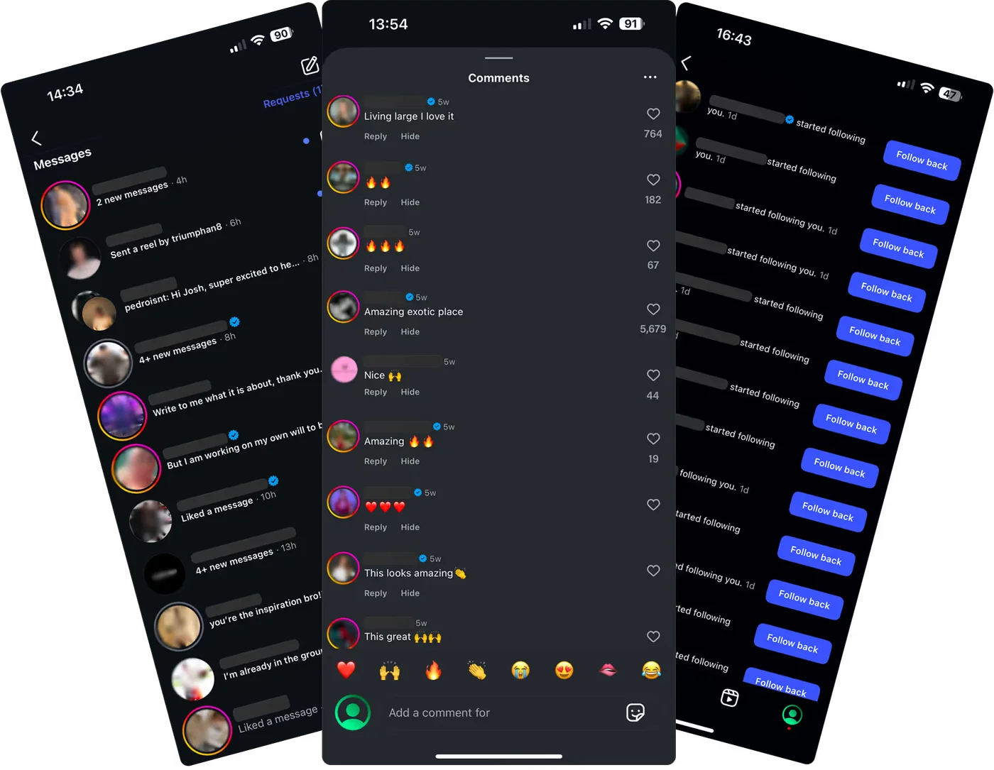 Three phones showing new followers, comments, and messages